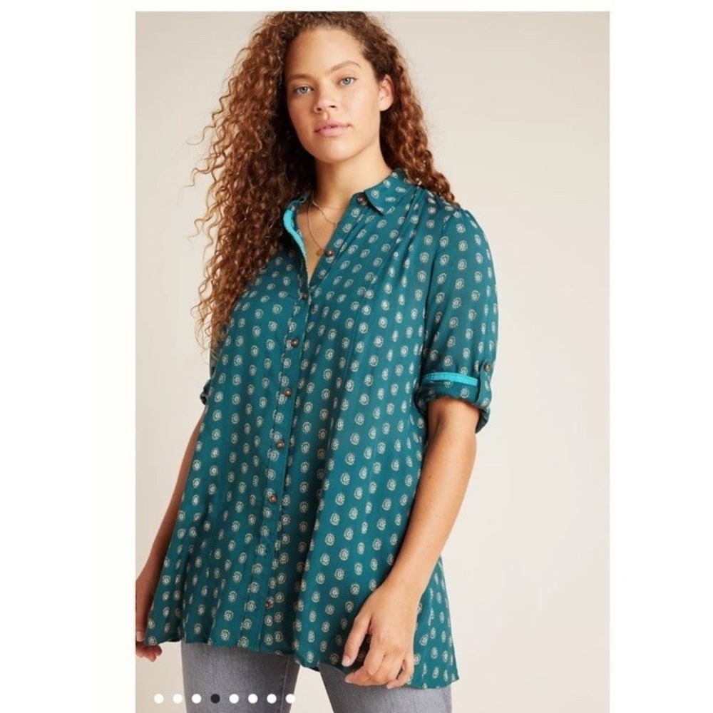 Maeve Anthropologie Monika Buttondown Tunic Teal Floral Women's Sz S Boho